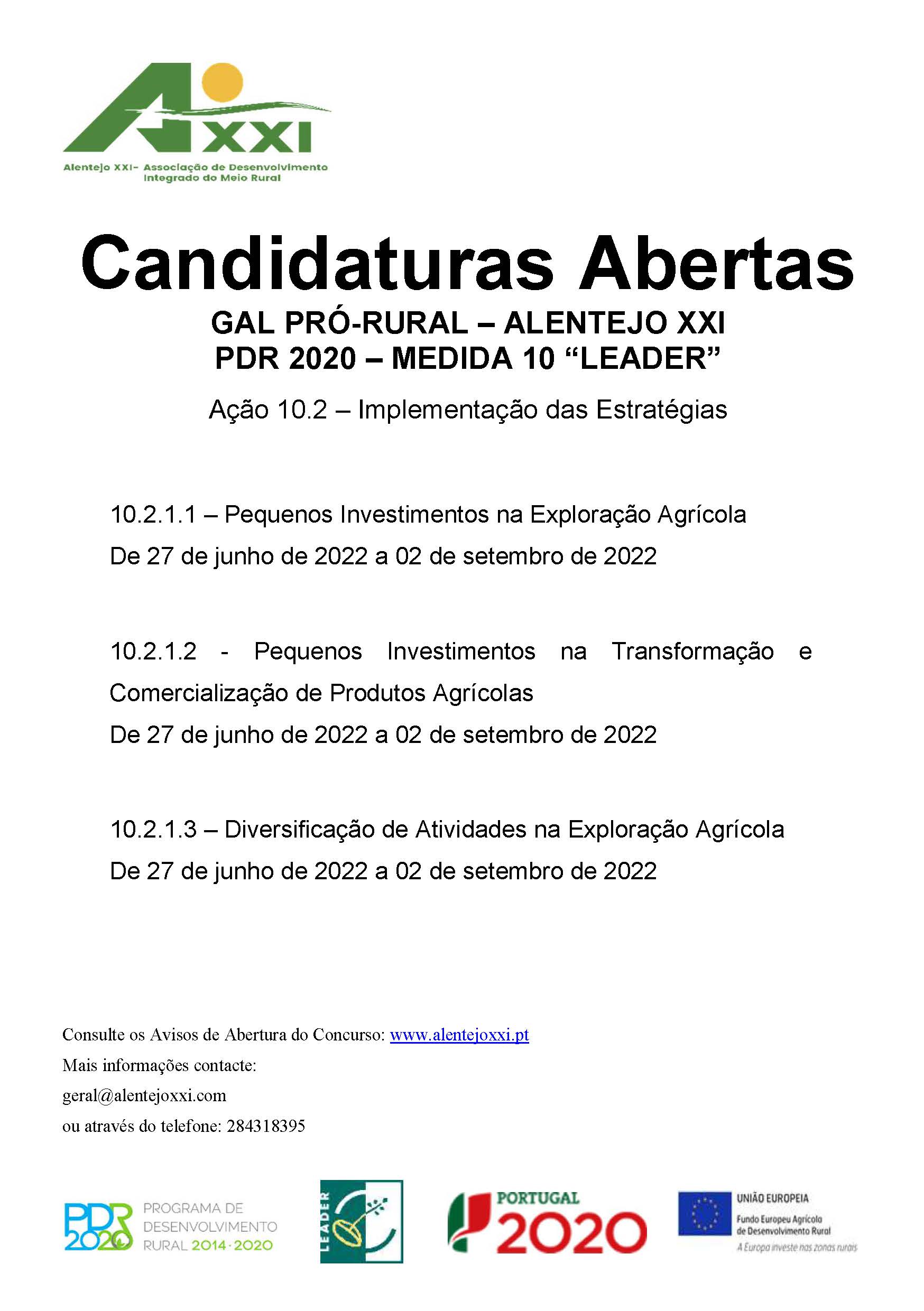 Candidaturas Abertas GAL PRÓ-RURAL – ALENTEJO XXI PDR 2020 – MEDIDA 10 “LEADER”
